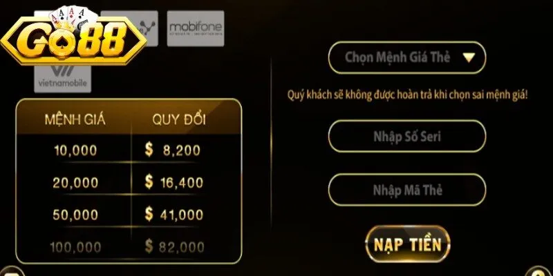 Nạp tiền Go88 qua thẻ cào là phương thức tiện lợi, bảo mật danh tính 